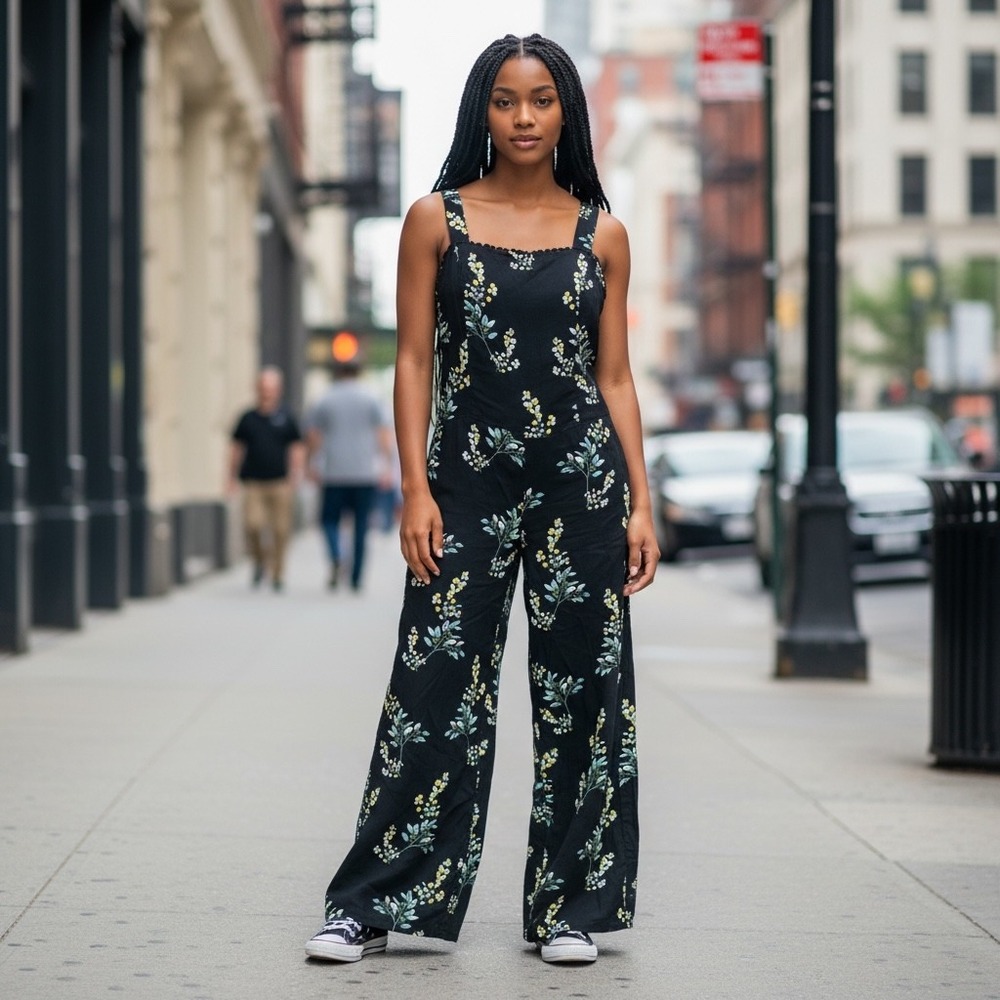 Loft Jumpsuit Womens Petite Floral Wide Leg Black XXSP NWT Smocked Back Pockets